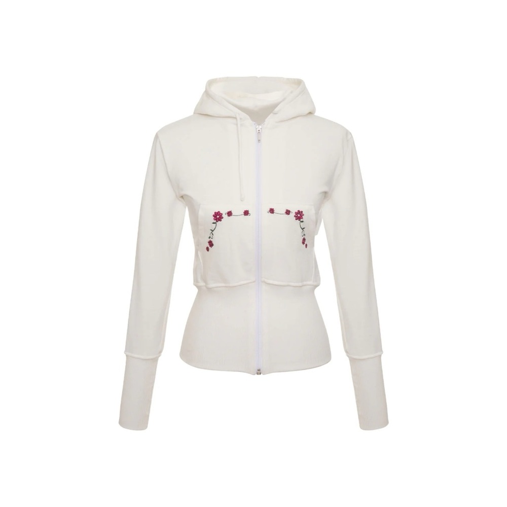Frankie’s Bikinis Jasmine Embroidered Zip Up Hoodie in Sea Fairy White Size S